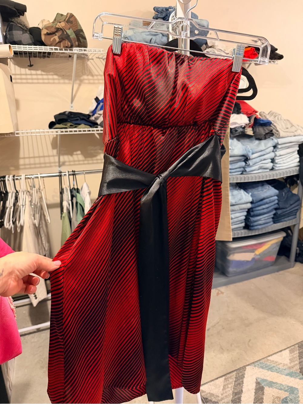Y2K Strapless Red & Black Satin Belted Party Dress